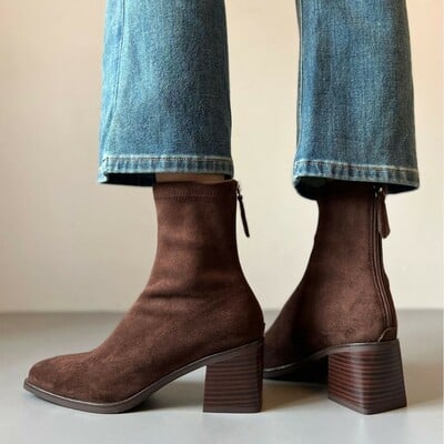 Vintage cowhide ankle boots suede back zipper warm and strech boots
