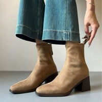 Vintage cowhide ankle boots suede back zipper warm and strech boots - Thumbnail 6