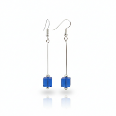 Cobalt glass cube dangle earrings – handmade jewelry with hypoallergenic earwires