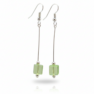 Peridot glass cube dangle earrings – handmade jewelry with hypoallergenic earwires