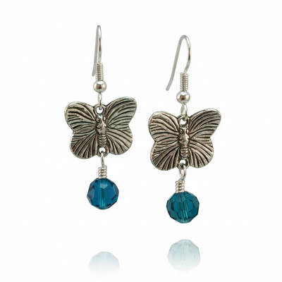 Butterfly drop earrings with blue zircon crystal – handmade crystal jewelry on hypoallergenic earwires