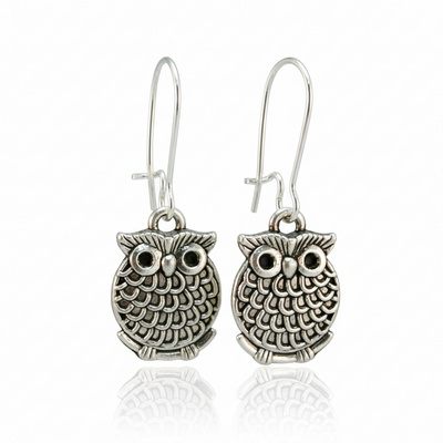 Fluffy owl drop earrings – handmade antique silver charm jewelry