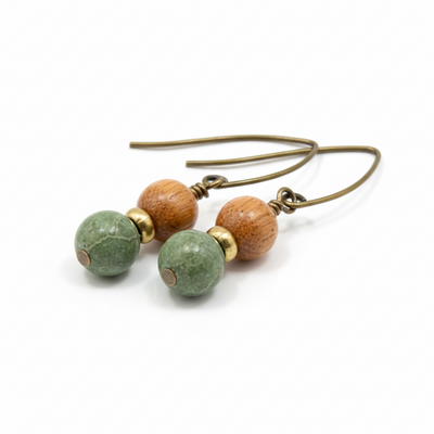 Green opal and bayong wood drop earrings – handmade gemstone & brass jewelry on triangle earwires
