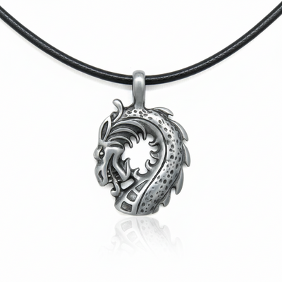 Dragon spirit necklace – black leather cord with antique pewter dragon head pendant
