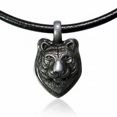 Tiger spirit necklace – black leather cord with antique pewter tiger head pendant