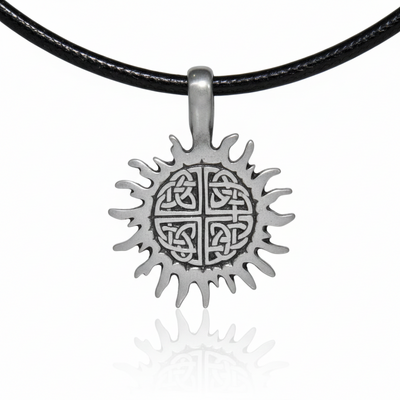Celtic sun necklace – black leather cord with antique pewter celtic sun pendant