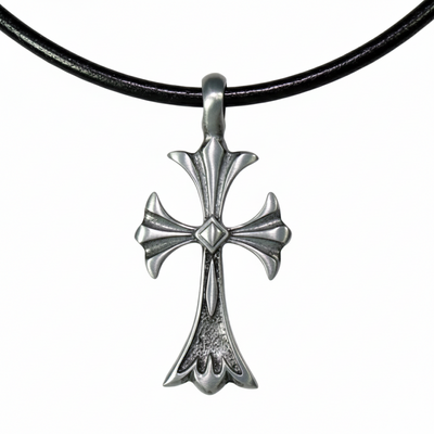 Ornate cross necklace – black leather cord with antique pewter cross pendant