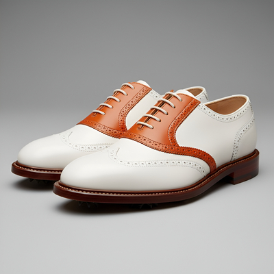 Crafted Leather Mens Designer Classic Orange White Leather Saddle Golf Lace up Dress Shoes