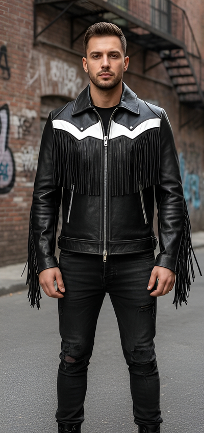 Crafted Leather Men Designer Black White Leather Fashion Jacket Motorcycle