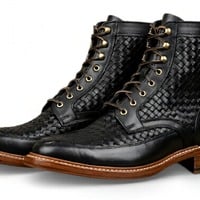 Crafted Leather Mens Designer Classic Black Woven Leather Ankle High Lace up Boot - Thumbnail 1