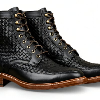 Crafted leather mens designer classic black woven leather ankle high lace up boot