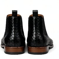 Crafted Leather Mens Designer Classic Black Woven Leather Chelsea Boot - Thumbnail 2
