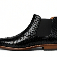 Crafted Leather Mens Designer Classic Black Woven Leather Chelsea Boot - Thumbnail 1