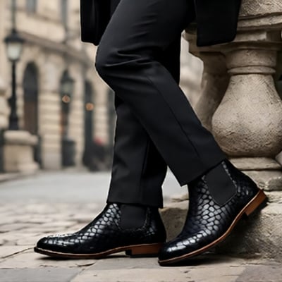 Crafted leather mens designer classic black woven leather chelsea boot