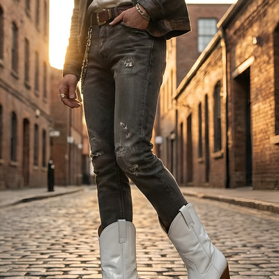 Crafted leather mens designer classic white patent leather cowboy boot