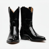 Crafted Leather Mens Designer Classic Black Patent Leather Ankle High Fashion Cowboy Boot - Thumbnail 1