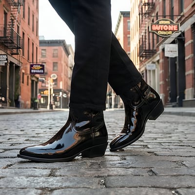 Crafted leather mens designer classic black patent leather ankle high fashion cowboy boot