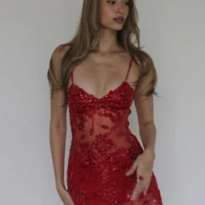 Sexy red lace short homecoming dresses spaghetti straps evening dress with beading - Thumbnail 1