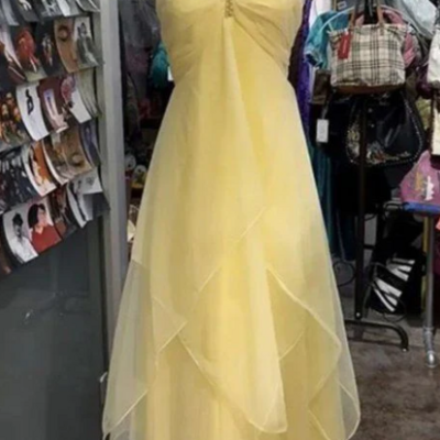 Halter yellow chiffon prom dress ruffle evening dress