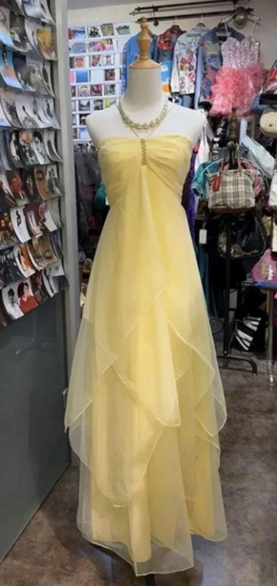 Halter Yellow Chiffon Prom Dress Ruffle Evening Dress