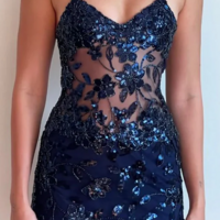 Sexy Navy Blue Mini Homecoming Dresses Beading Evening Dress - Thumbnail 1