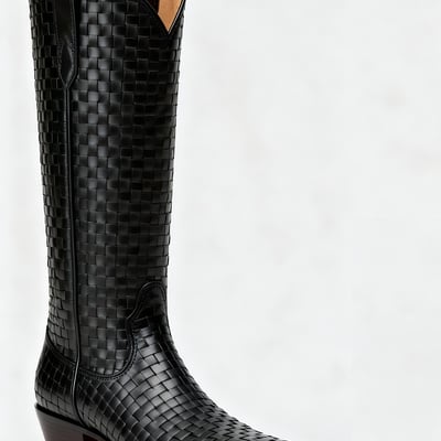 Crafted leather mens designer classic black woven leather ankle high pointed toe cowboy boot