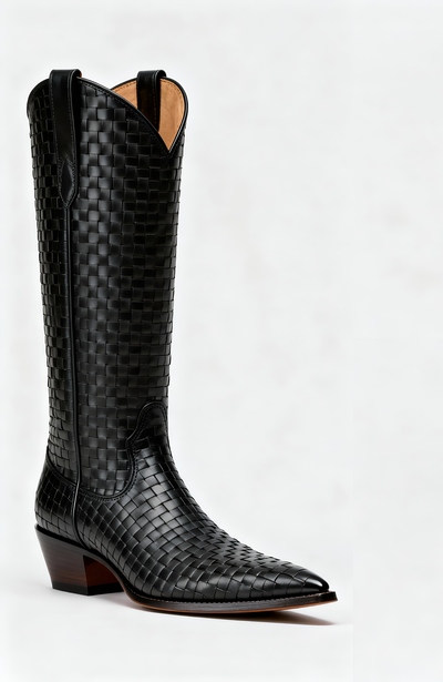 Crafted Leather Mens Designer Classic Black Woven Leather Ankle High Pointed Toe Cowboy Boot