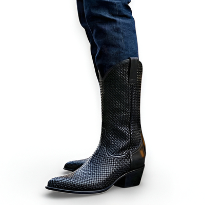 Crafted leather mens designer classic black woven leather ankle high pointed toe cowboy boot