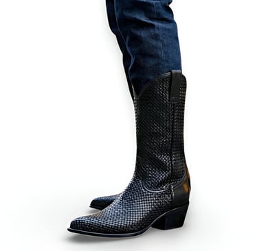 Crafted Leather Mens Designer Classic Black Woven Leather Ankle High Pointed Toe Cowboy Boot