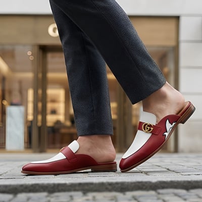 Crafted leather handmade classic mule red white leather loafers shoes