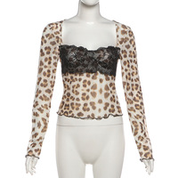 Sexy mesh top with leopard print design, contrasting lace trim, and cropped length. - Thumbnail 4