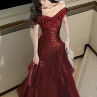 Burgundy Satin Mermaid Prom Dress Off Shoulder Ruffle Trim Evening Gown - Thumbnail 1