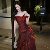 Burgundy Satin Mermaid Prom Dress Off Shoulder Ruffle Trim Evening Gown - Thumbnail 2