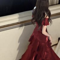Burgundy Satin Mermaid Prom Dress Off Shoulder Ruffle Trim Evening Gown - Thumbnail 3