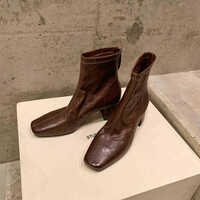 Women's cowhide distressed texture French style and back zipper boots - Thumbnail 4