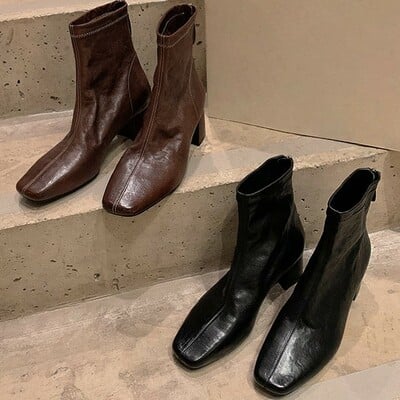 Women's cowhide distressed texture french style and back zipper boots - Thumbnail 1