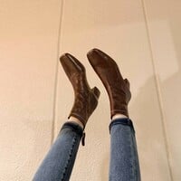 Women's cowhide distressed texture French style and back zipper boots - Thumbnail 5