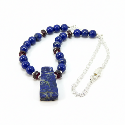 Lapis lazuli & garnet sterling silver necklace – handmade gemstone jewelry