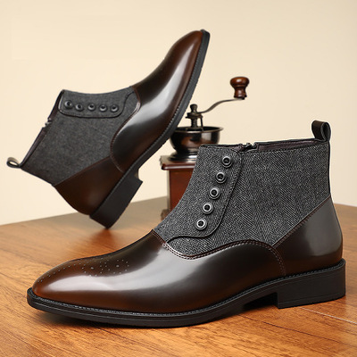 Men's boots stitching button ankle boots business casual boots - Thumbnail 3