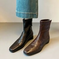 Women's soft leather square-toe ankle boots genuine leather boots - Thumbnail 5