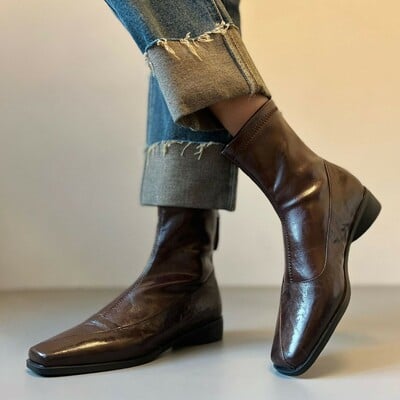 Women's soft leather square-toe ankle boots genuine leather boots
