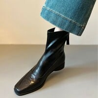 Women's soft leather square-toe ankle boots genuine leather boots - Thumbnail 4