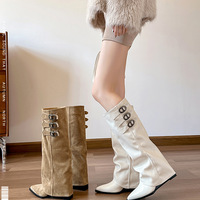 French pointed wedge heel white long tube boots for women  - Thumbnail 2