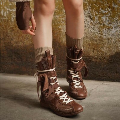 Frosted leather lace up short boots