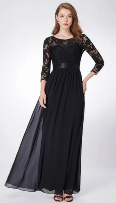 Floor-length Chiffon A Line Mother of the Bride Dress With 3/4 Length Sleeve Prom Dress