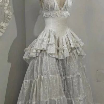 Vintage retro v neck straps a-line lace ruffles evening dresses