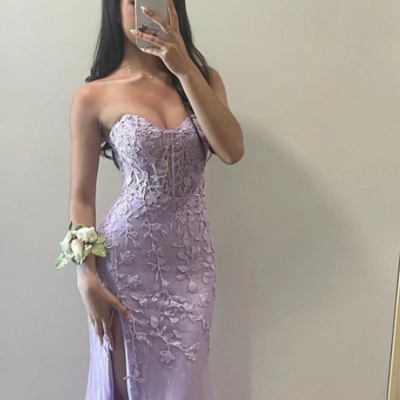 Elegant sweetheart lilac lace appliques long prom dresses formal evening dress