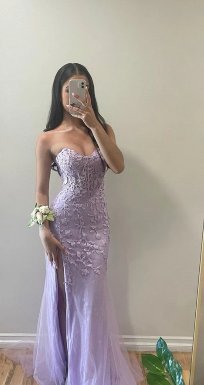 Elegant Sweetheart Lilac Lace Appliques Long Prom Dresses Formal Evening Dress