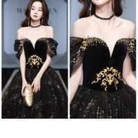 Women Elegnat Black Off Shoulder Long Formal Dress, A-line Prom Dress  - Thumbnail 3
