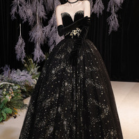 Women Elegnat Black Off Shoulder Long Formal Dress, A-line Prom Dress  - Thumbnail 4